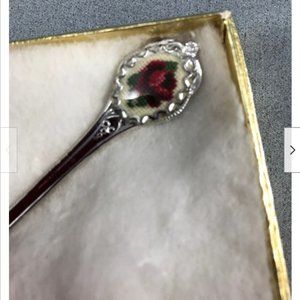 Vtg Petit Point Embroidered Red Rose Bawlf Silvery Teaspoon Collector Spoon 3.5"